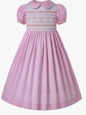Pink Smocked Puff Sleeve Girls Dress